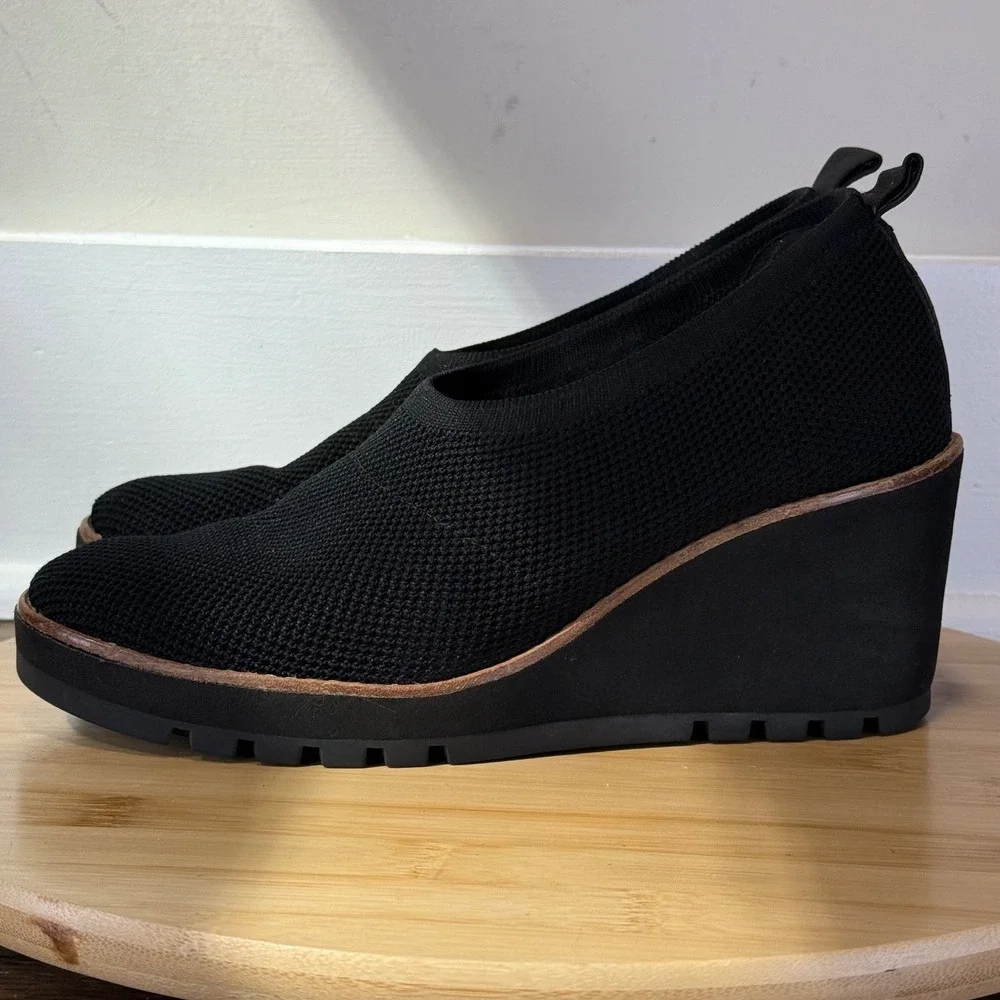 Eileen Fisher Wedge Pump Womens 8 Black Knit Platform Lug Sole Quiet Luxury Chic